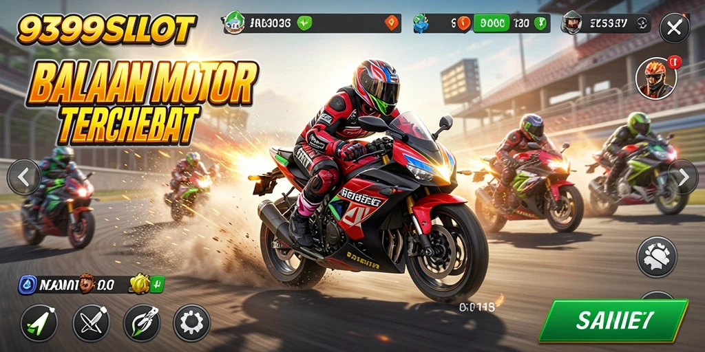 Gameplay seru 9399SLOT dengan aksi balap motor yang mendebarkan.