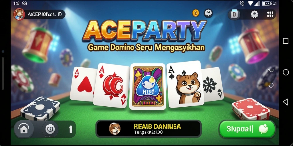 Screenshot gameplay ACEPARTY menunjukkan keseruan permainan Domino dengan tampilan menarik.