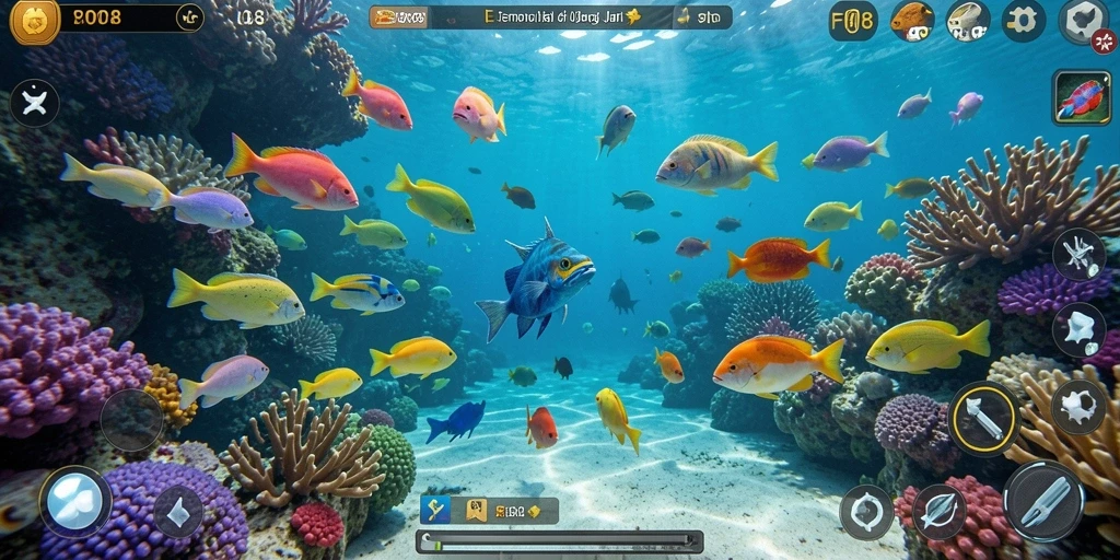 Screenshot gameplay F08 yang penuh aksi tembak ikan.