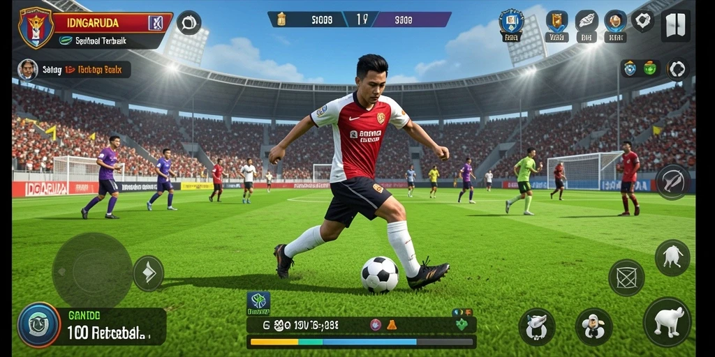 Gameplay intens dalam IDNGARUDA dengan aksi sepak bola yang mendebarkan.