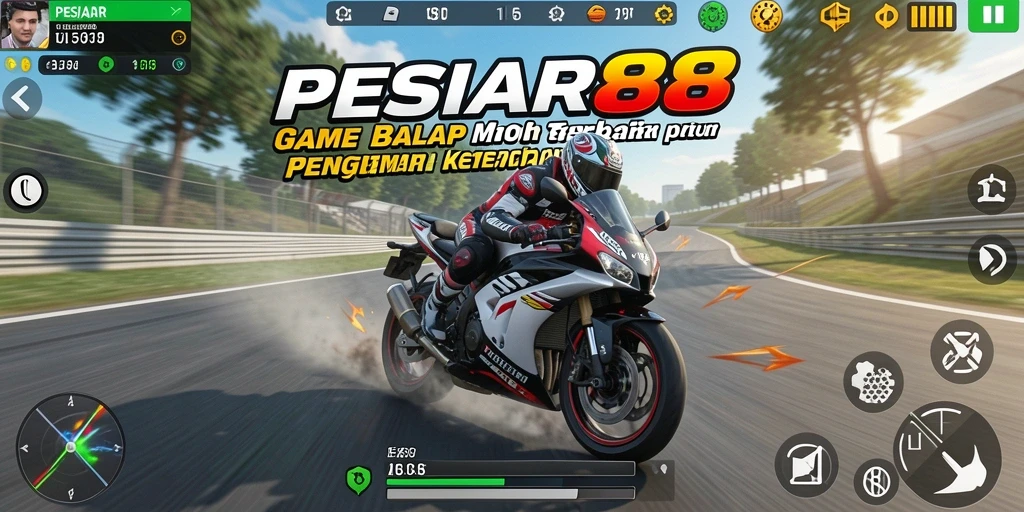 Screenshot gameplay PESIAR88 menampilkan aksi balap motor yang mendebarkan.