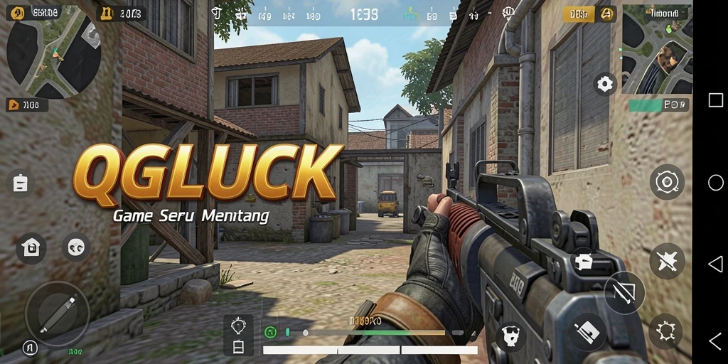 Tangkapan layar gameplay QGLUCK yang menunjukkan aksi tembak-menembak yang intens.